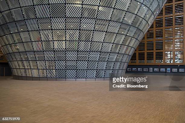 Glass panels surround the lantern-shaped structure inside the European Union's new Europa building, also known as the Space Egg, ahead of a Eurogroup...