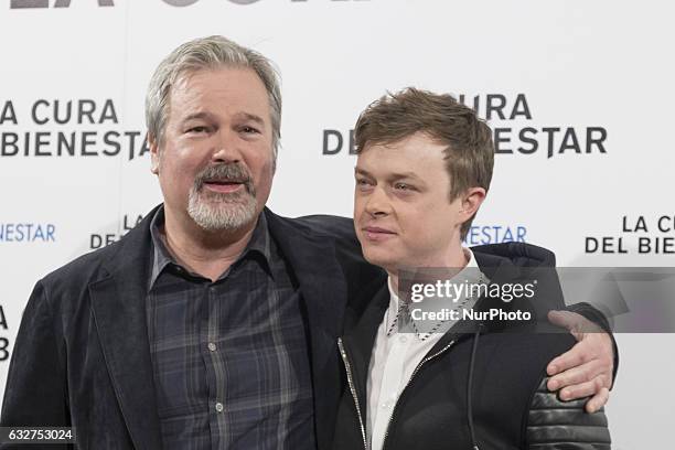 Director Gore Verbinski and actor Dane DeHaan attend a photocall for 'A Cure for Wellness' at The Palace Hotel on January 26, 2017 in Madrid, Spain.