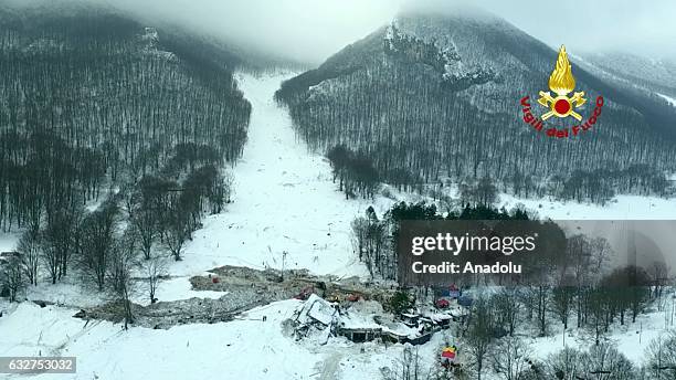 An aerial view of the debris of Hotel Rigopiano after searchers have completed the grim hunt through the ruins of the hotel buried by an avalanche in...