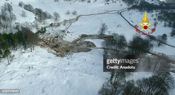 An aerial view of the debris of Hotel Rigopiano after searchers have completed the grim hunt through the ruins of the hotel buried by an avalanche in...