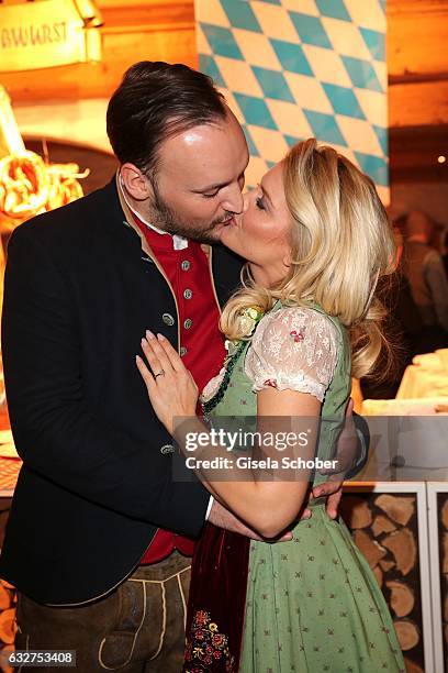 Jennifer Knaeble and her fiance Felix Moese are engaged and attend the Weisswurstparty at Hotel Stanglwirt on January 20, 2017 in Going near...