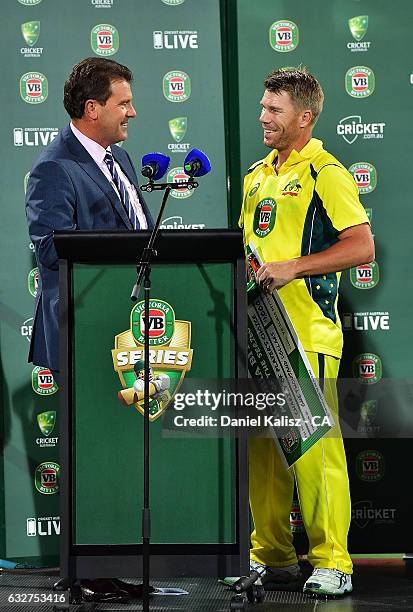 Former Australian captain and channel nine commentator Mark Taylor interviews David Warner of Australia after game five of the One Day International...