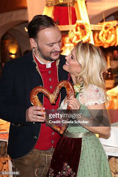 Jennifer Knaeble and her fiance Felix Moese are engaged and attend the Weisswurstparty at Hotel Stanglwirt on January 20, 2017 in Going near...