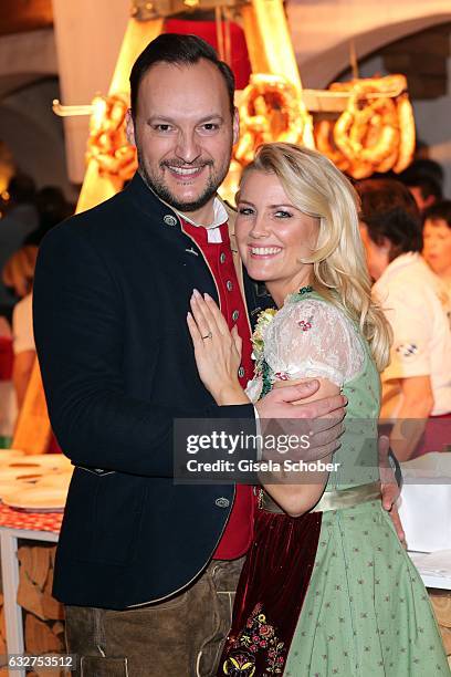 Jennifer Knaeble and her fiance Felix Moese are engaged and attend the Weisswurstparty at Hotel Stanglwirt on January 20, 2017 in Going near...