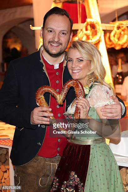 Jennifer Knaeble and her fiance Felix Moese are engaged and attend the Weisswurstparty at Hotel Stanglwirt on January 20, 2017 in Going near...