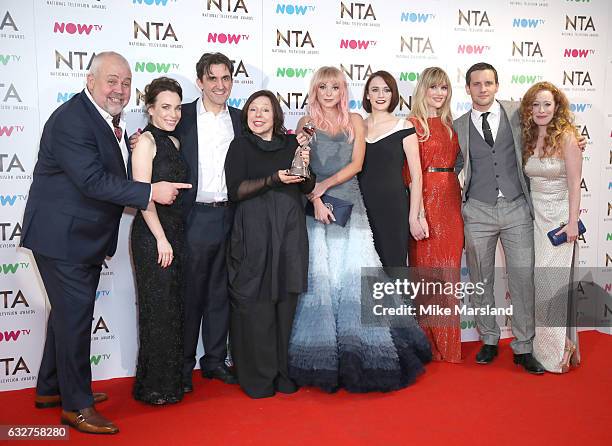 Cliff Parisi, Stephen McGann, Helen George, Charlotte Richie, Laura Main, Jack Ashton and Victoria Yeates poses in the winners room at the National...