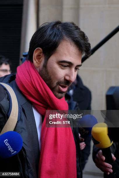 Antonin Levy, lawyer of French presidential candidate Francois Fillon, speaks to the press as he leaves the financial pole in Paris on January 26,...