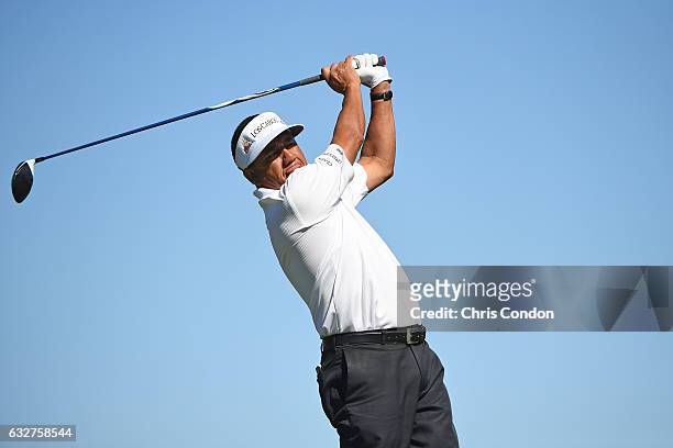 Esteban Toledo of Mexico tees off on the second hole during the final round of the PGA TOUR Champions Mitsubishi Electric Championship at Hualalai...