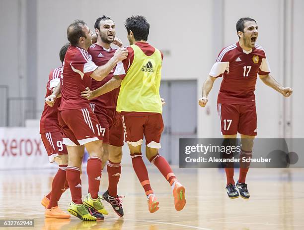 The players of Armenia celebrate the victory during the UEFA Futsal European Championship Qualifying match between Armenia and Germany at Zemgales...