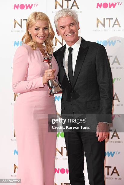 Phillip Schofield and Holly Willoughby with the Best Live Magazine Show award for This Morning at the National Television Awards at The O2 Arena on...