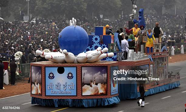 Tableau representing Ministry of Finance rolls down during the celebration of the 68th Republic Day at Rajpath, on January 26, 2017 in New Delhi,...