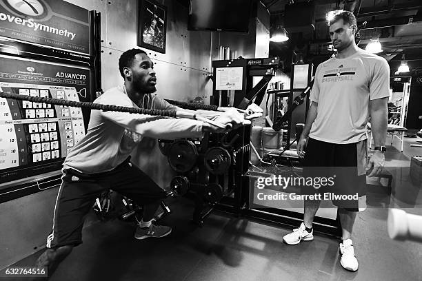 Will Barton of the Denver Nuggets works out before the game against the Utah Jazz on January 24, 2017 at the Pepsi Center in Denver, Colorado. NOTE...