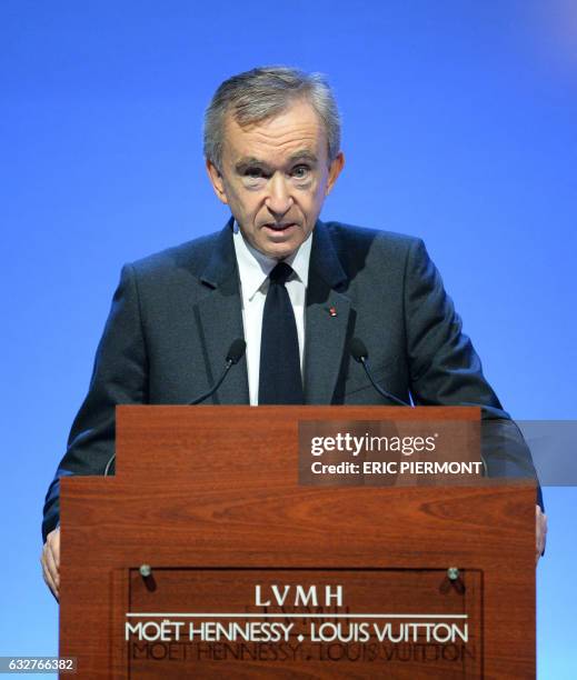 French luxury group LVMH Chairman and Chief Executive Officer Bernard Arnault presents the 2016 full year results at the LVMH headquarters in Paris,...