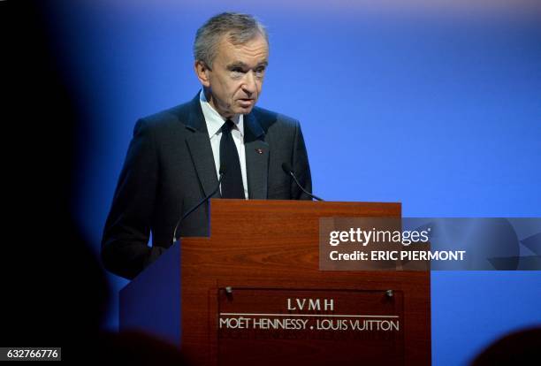 French luxury group LVMH Chairman and Chief Executive Officer Bernard Arnault presents the 2016 full year results at the LVMH headquarters in Paris,...