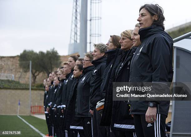 Head coach Anuschka Bernhard and staff members of Germany look on prior to the international friendly match between U17 Girl's Germany and U17 Girl's...