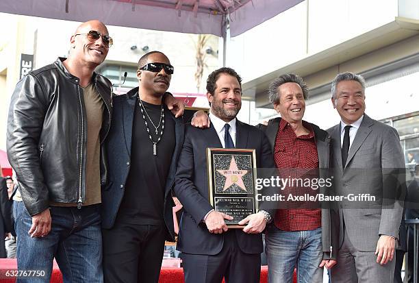 Dwayne Johnson, Eddie Murphy, Brett Ratner, Brian Grazer and Kevin Tsujihara attend the ceremony honoring Brett Ratner with a Star on the Hollywood...