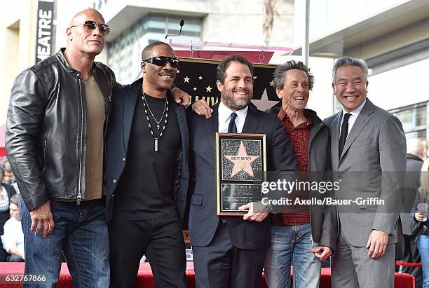 Dwayne Johnson, Eddie Murphy, Brett Ratner, Brian Grazer and Kevin Tsujihara attend the ceremony honoring Brett Ratner with a Star on the Hollywood...