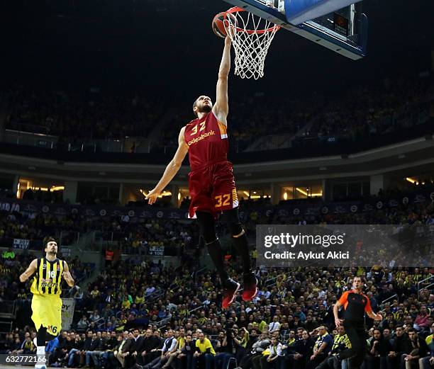 Sinan Guler, #32 of Galatasaray Odeabank Istanbul in action during the 2016/2017 Turkish Airlines EuroLeague Regular Season Round 20 game between...