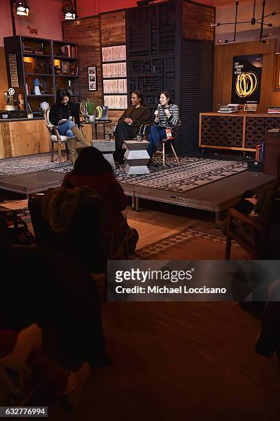 Director of Creative Producing at Sundance Institute. Anne Lai, Filmmakers Maggie Betts and Eliza Hittman speaks during the Cinema Cafe at Filmmaker...