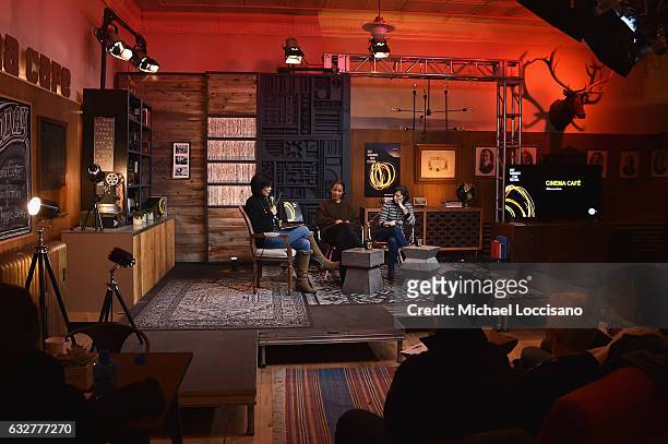 Director of Creative Producing at Sundance Institute. Anne Lai, Filmmakers Maggie Betts and Eliza Hittman speaks during the Cinema Cafe at Filmmaker...