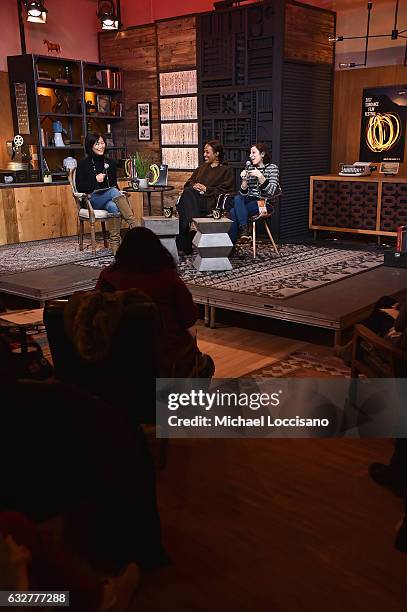 Director of Creative Producing at Sundance Institute. Anne Lai, Filmmakers Maggie Betts and Eliza Hittman speaks during the Cinema Cafe at Filmmaker...