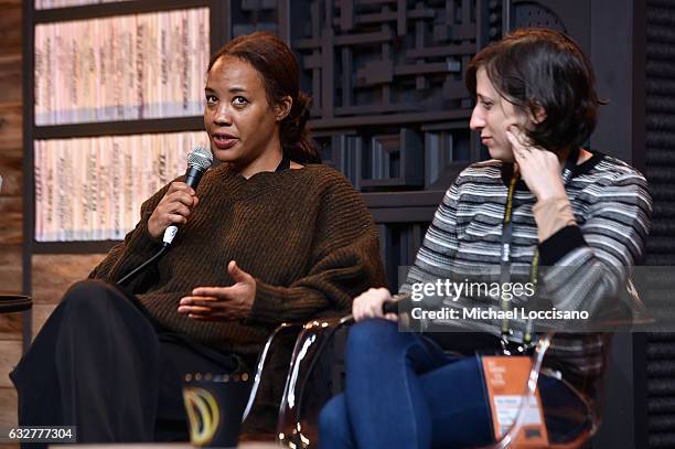 Filmmakers Maggie Betts and Eliza Hittman speaks during the Cinema Cafe at Filmmaker Lodge on January 26, 2017 in Park City, Utah.