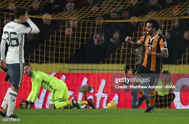 Tom Huddlestone of Hull City celebrates scoring the first goal from a penalty to make the score 1-0 during the EFL Cup Semi-Final second leg match...