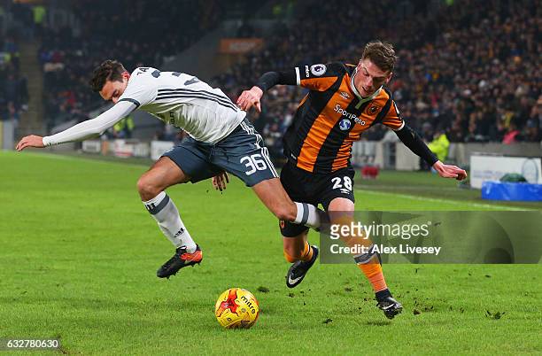 Matteo Darmian of Manchester United tangles with Josh Tymon of Hull City during the EFL Cup Semi-Final second leg match between Hull City and...