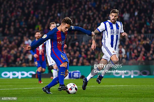Denis Suarez of FC Barcelona scores the opening goal during the Copa del Rey quarter-final second leg match between FC Barcelona and Real Sociedad at...
