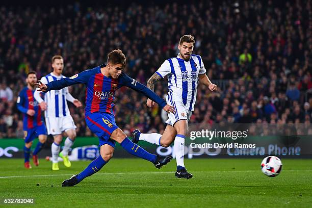 Denis Suarez of FC Barcelona scores the opening goa during the Copa del Rey quarter-final second leg match between FC Barcelona and Real Sociedad at...