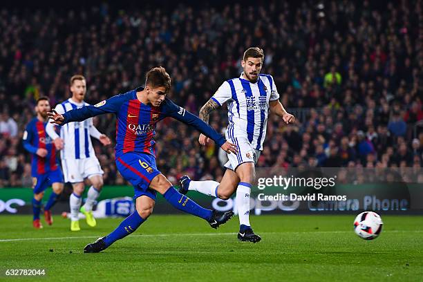 Denis Suarez of FC Barcelona scores the opening goal during the Copa del Rey quarter-final second leg match between FC Barcelona and Real Sociedad at...