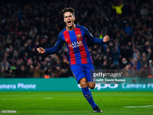 Denis Suarez of FC Barcelona celebrates after scoring his team's first goal during the Copa del Rey quarter-final second leg match between FC...