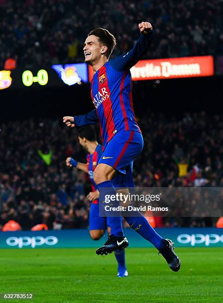 Denis Suarez of FC Barcelona celebrates after scoring his team's first goal during the Copa del Rey quarter-final second leg match between FC...