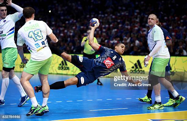 Daniel Narciss of France challenges Darko Cingesar of Slovenia during the 25th IHF Men's World Championship 2017 Semi Final match between France and...