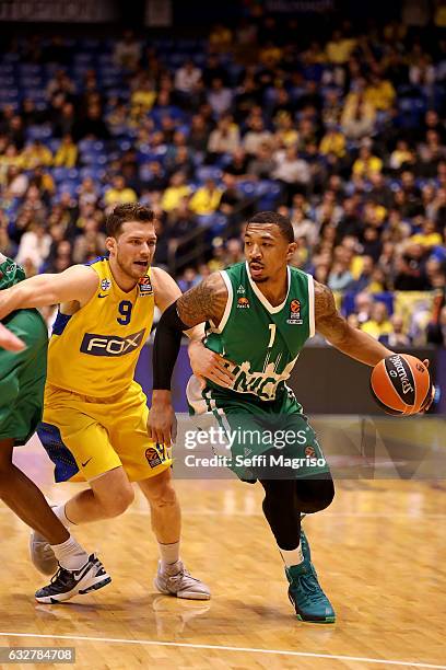 Orlando Johnson, #1 of Unics Kazan competes with Gal Mekel, #9 of Maccabi Fox Tel Aviv during the 2016/2017 Turkish Airlines EuroLeague Regular...