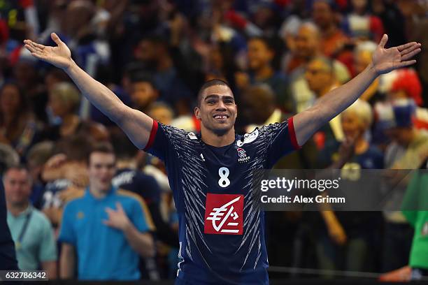 Daniel Narcisse of France celebrates with the fans after the 25th IHF Men's World Championship 2017 Semi Final match between France and Slovenia at...