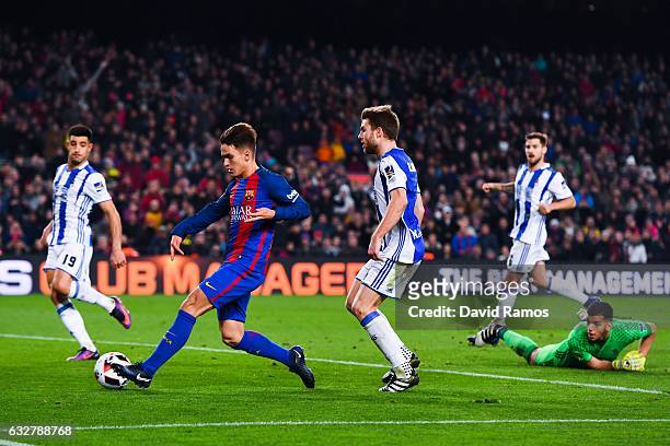 Denis Suarez of FC Barcelona scores his team's fifth goal during the Copa del Rey quarter-final second leg match between FC Barcelona and Real...