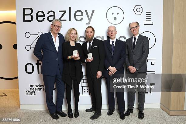 Editor of The Times, John Witherow, Winners of the Beazley Design of the Year, Marta Terne and Christian Gustafsson of Better Shelter, CEO of Beazley...