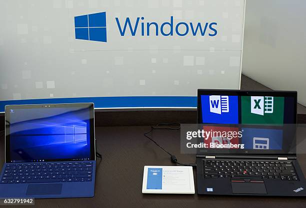 Microsoft Corp. Windows software display is seen at a store in Bellevue, Washington, U.S., on Thursday, Jan. 26, 2017. Microsoft Corp.'s...