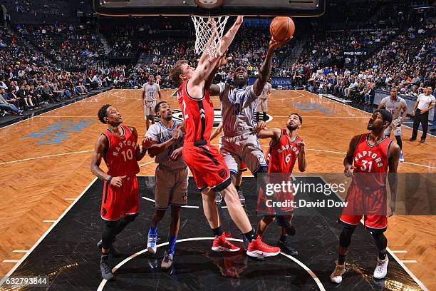 Anthony Bennett of the Brooklyn Nets goes up for a lay up against the Toronto Raptors during the game on January 17, 2017 at Barclays Center in...