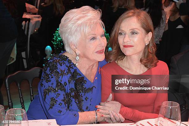 Line Renaud and Isabelle Huppert attends the Sidaction Gala Dinner 2017 as part of Paris Fashion Week on January 26, 2017 in Paris, France.