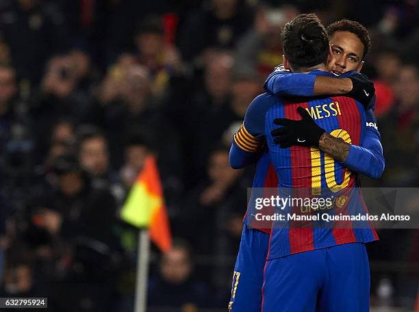 Lionel Messi of Barcelona celebrates scoring his team's second goal with his teammate Neymar JR during the Copa del Rey quarter-final second leg...