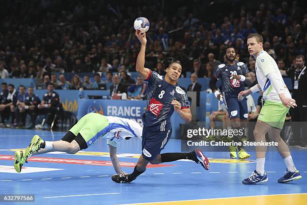 Daniel Narcisse of France tries to shoot the ball against Vid Kavticnik of Slovenia during the 25th IHF Men's World Championship 2017 Semi Final...