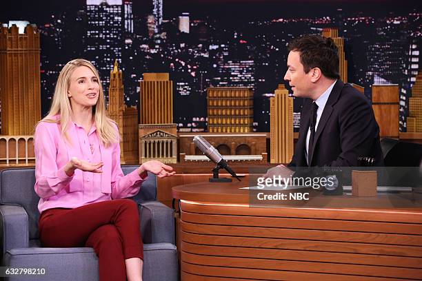 Episode 0611 -- Pictured: Actress Brit Marling during an interview with host Jimmy Fallon on January 26, 2017 --