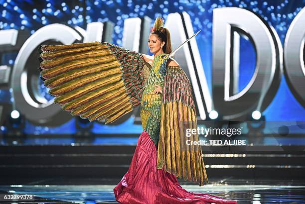 This photo taken on January 26, 2017 shows Miss Universe contestant Connie Jimenez of Ecuador during the national costume presentation in the...