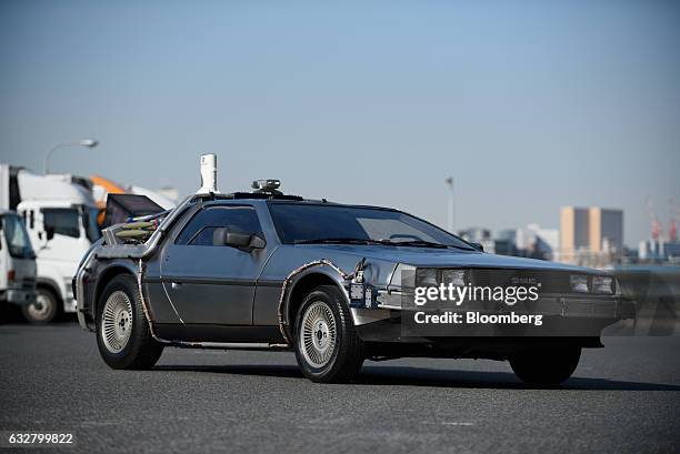 Replica of the time-traveling DeLorean, featured in the film 'Back to the Future', owned by Jeplan Inc. Sits for a photograph in Tokyo, Japan, on...