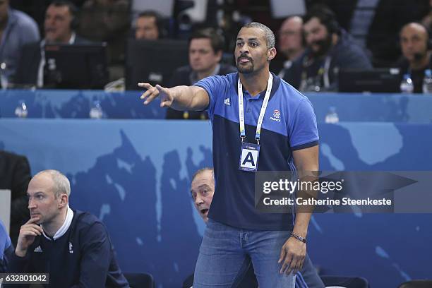Didier Dinart Head Coach of France is reacting to a play during the 25th IHF Men's World Championship 2017 Semi Final match between France and...