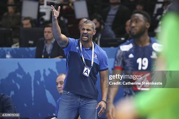 Didier Dinart Head Coach of France is reacting to a play during the 25th IHF Men's World Championship 2017 Semi Final match between France and...