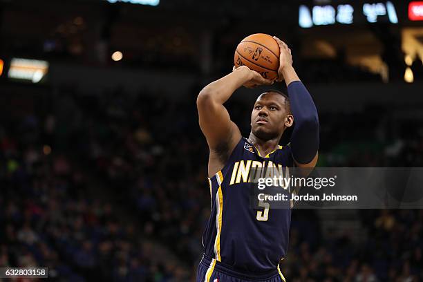 Lavoy Allen of the Indiana Pacers shoots a free throw during a game against the Minnesota Timberwolves on January 26, 2017 at Target Center in...