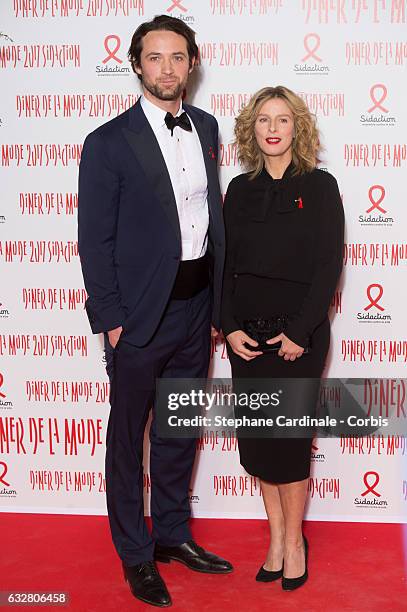 Louis-Marie de Castelbajac and Karine Viard attend the Sidaction Gala Dinner 2017 as part of Paris Fashion Week on January 26, 2017 in Paris, France.